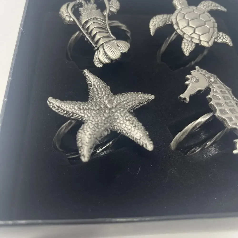Pewter Napkin Rings Lobster Turtle Starfish Seahorse Set 4 Nautical Sealife New